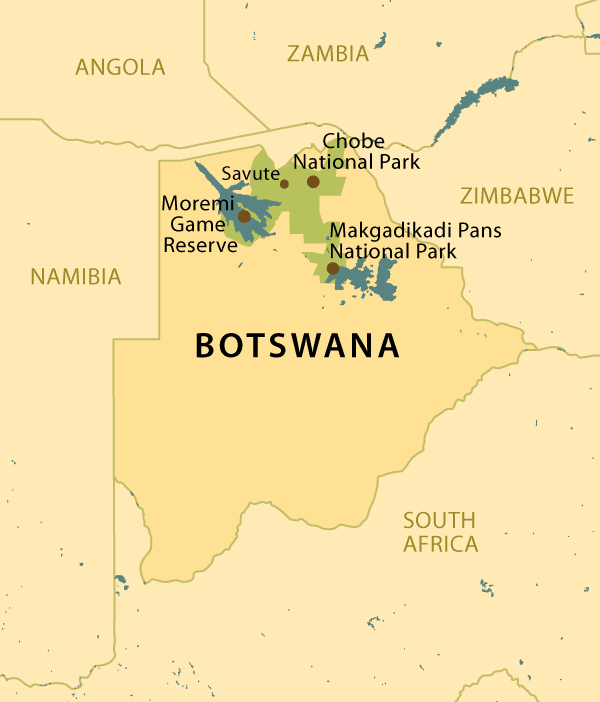 Botswana Map featuring Chobe National Park, Moremei Game Reserve, Savute, and Makgadikgadi Pans.