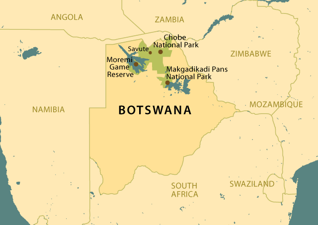 Botswana Map featuring Chobe National Park, Moremei Game Reserve, Savute, and Makgadikgadi Pans.